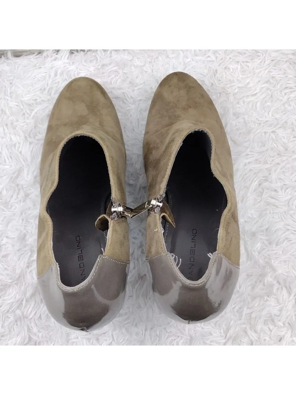 Bandolino Cardinal Taupe Suede Patent Leather Almond Toe High Heel Ankle Bootie